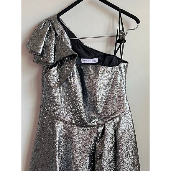 Mac Duggal One Shoulder Bow Midi Metallic Fit & Flare Dress Silver Womens 10 NWT - Picture 10 of 11